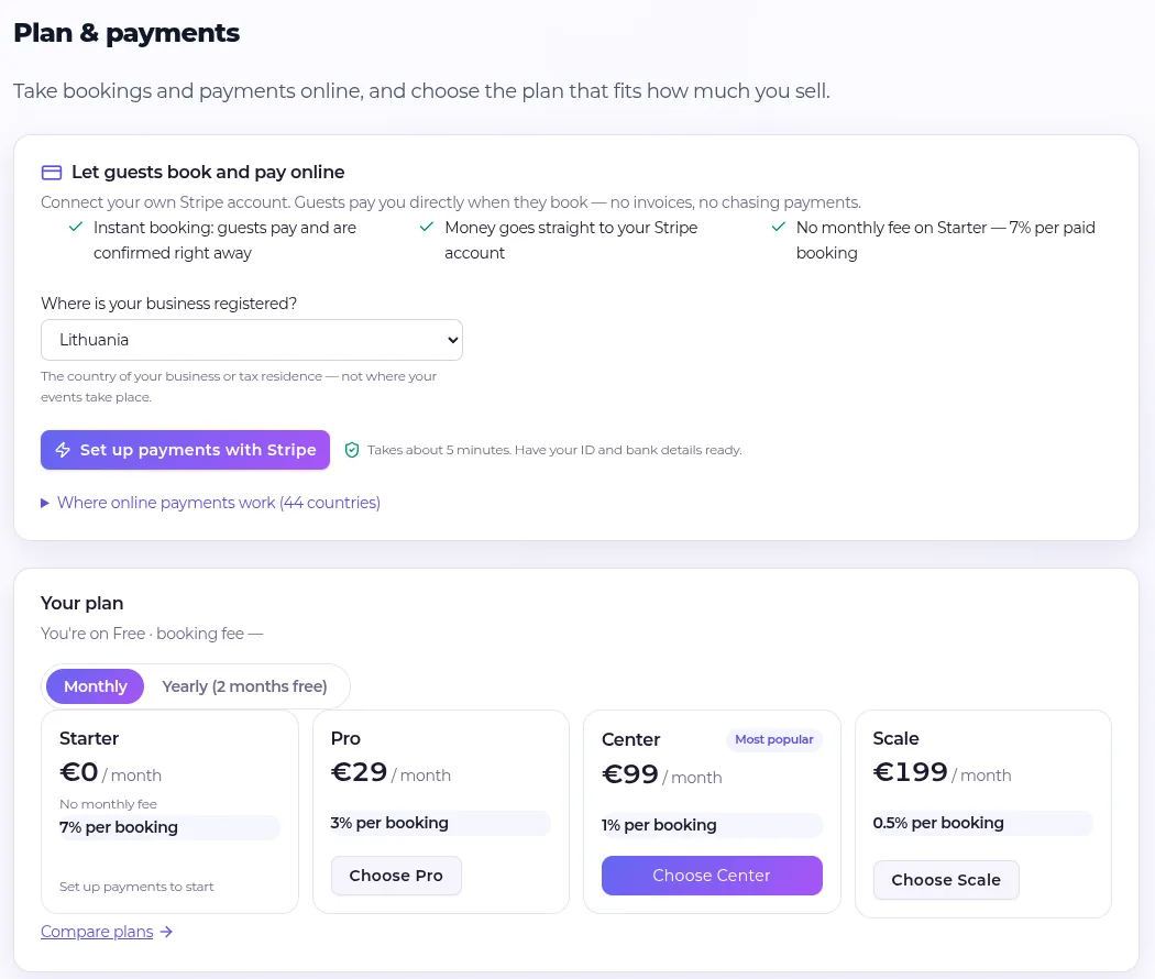 RetreatsMap plano ir mokėjimų puslapis su Stripe nustatymu