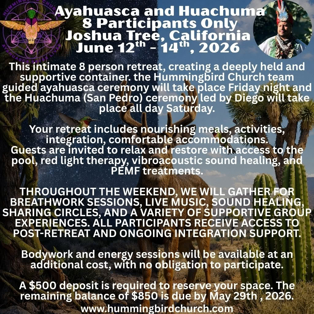VISOSE VIETOS UŽIMTOS – Tik 8 dalyviai – Ayahuasca ir Huachuma – 2026 m. birželio 12 d. – 14 d., Joshua Tree, Pietų Kalifornija